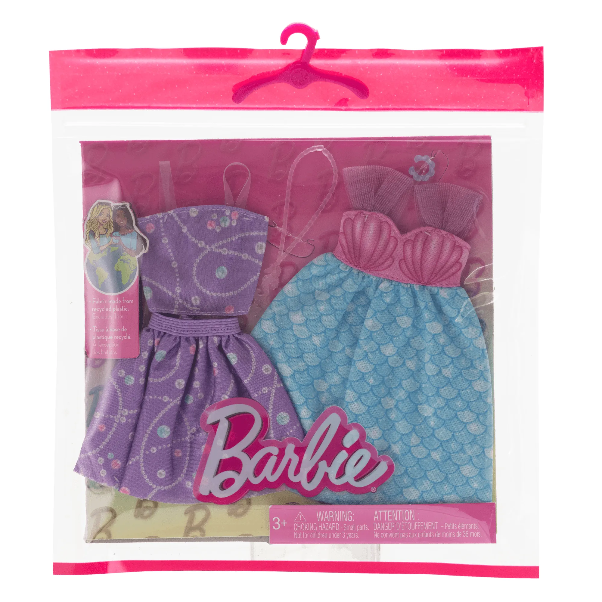 Barbie Fashion 2-Pack, Mermaid Dress, Purple Top   Skirt, Pink Seahorse Necklace, And A Blue Bracelet