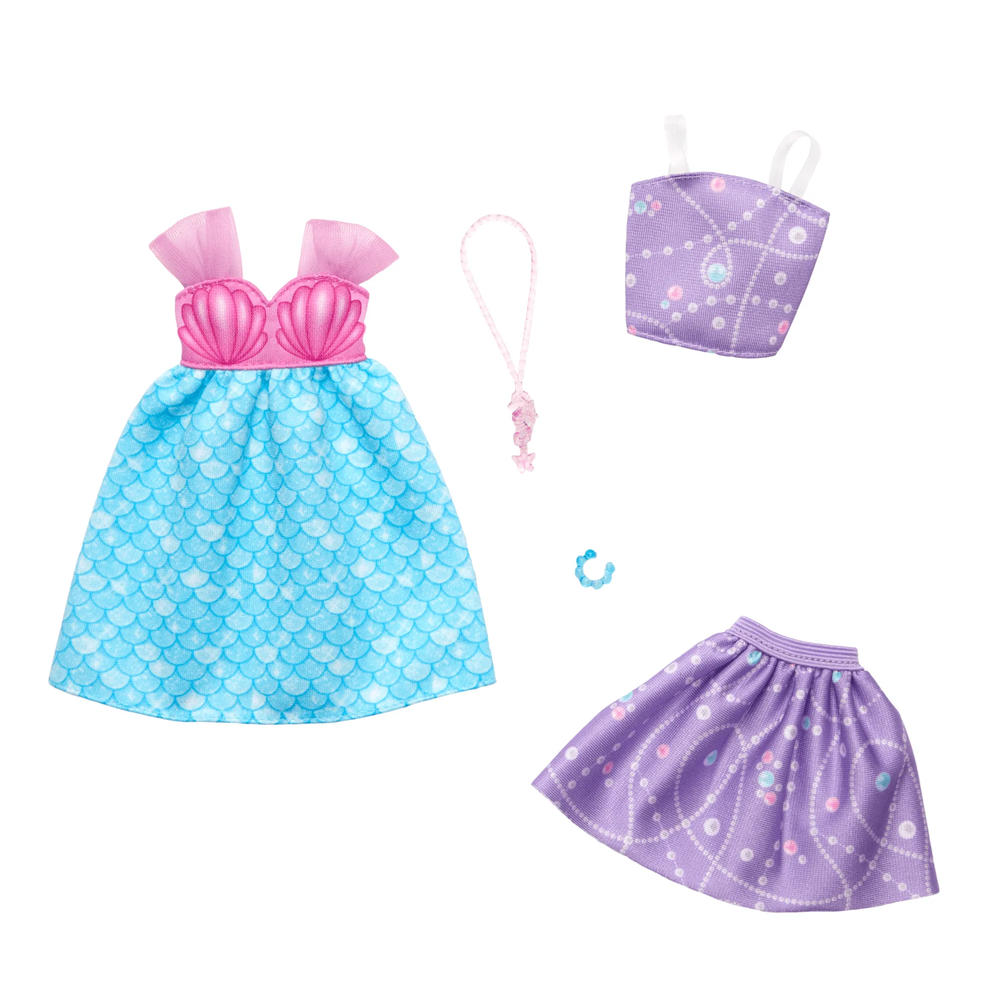 Barbie Fashion 2-Pack, Mermaid Dress, Purple Top   Skirt, Pink Seahorse Necklace, And A Blue Bracelet