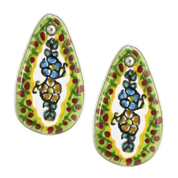Hand Painted Talavera and Sterling Silver Earrings
